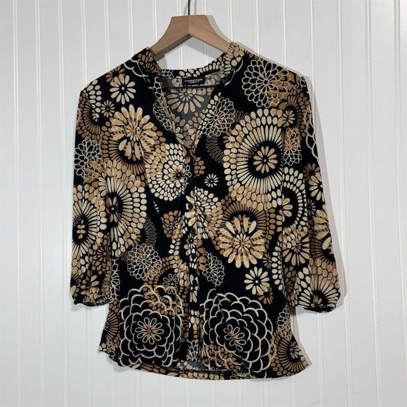 PerSeption Concept Tops - Perseption Concept Blouse‎ M Retro Floral Print Black Tan Button Top Y2K VTG